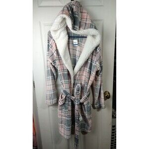 Jenni Woman XL/XXL Intimate Short Robe Hooded Pocket Belted Pink Plaid Faux Fur